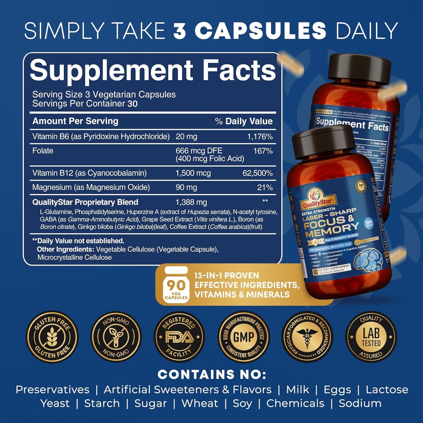 Premium Cognitive and Brain Health Supplement - 13-in-1 Memory Vitamins for Focus, Memory Support - 90 Veg Caps
