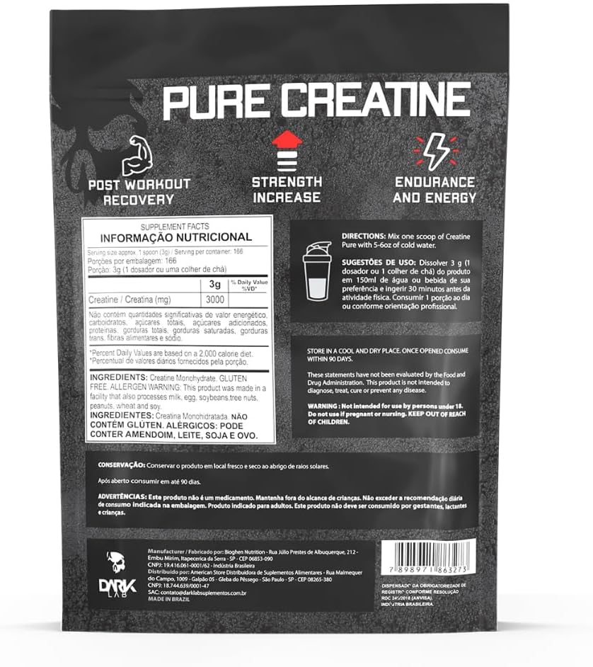 Premium Dark Lab Creatine Monohydrate 500g - 166 Servings, Pure Muscle Building Supplement for Strength and Energy