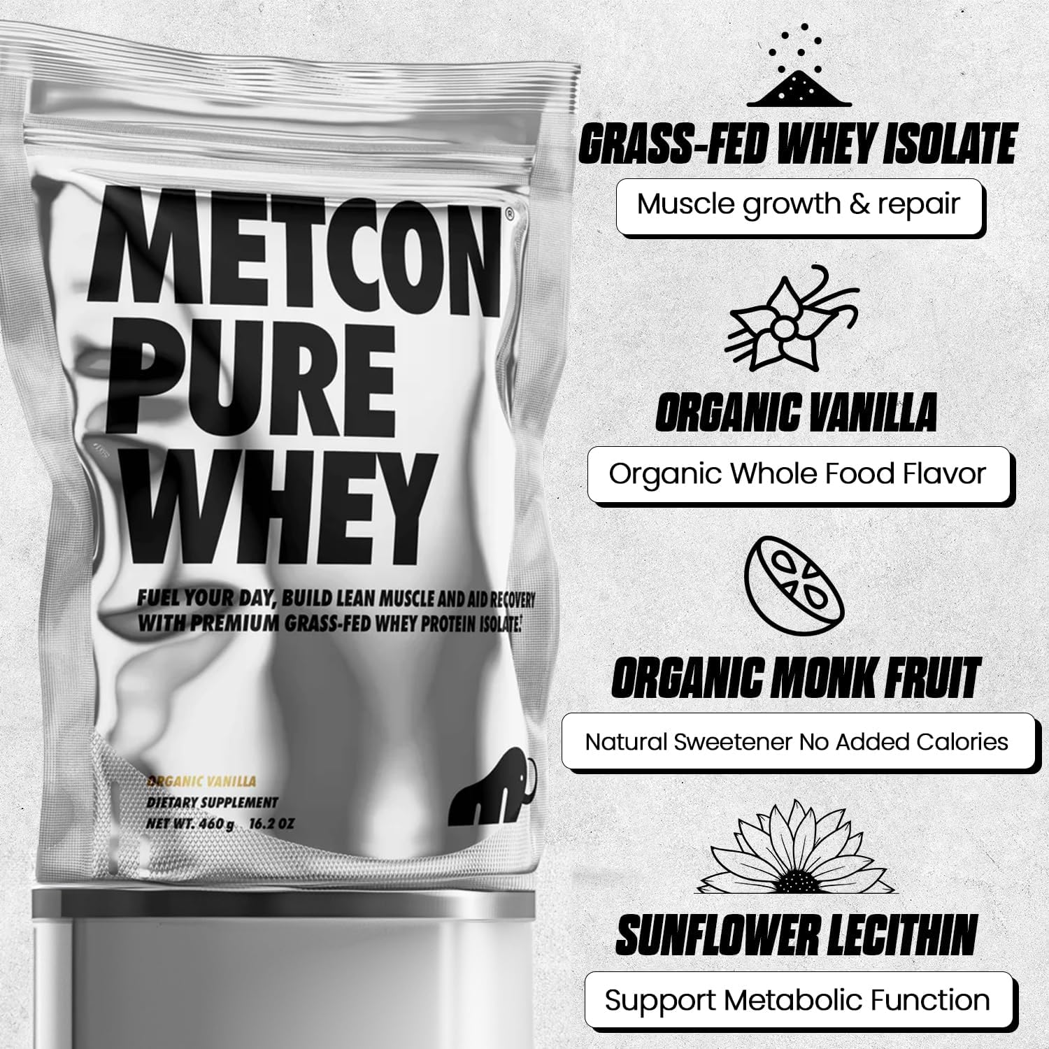 Premium Grass-Fed Whey Protein Isolate Powder with Organic Vanilla Flavor - 5 All-Natural Ingredients, No Fillers (460g)