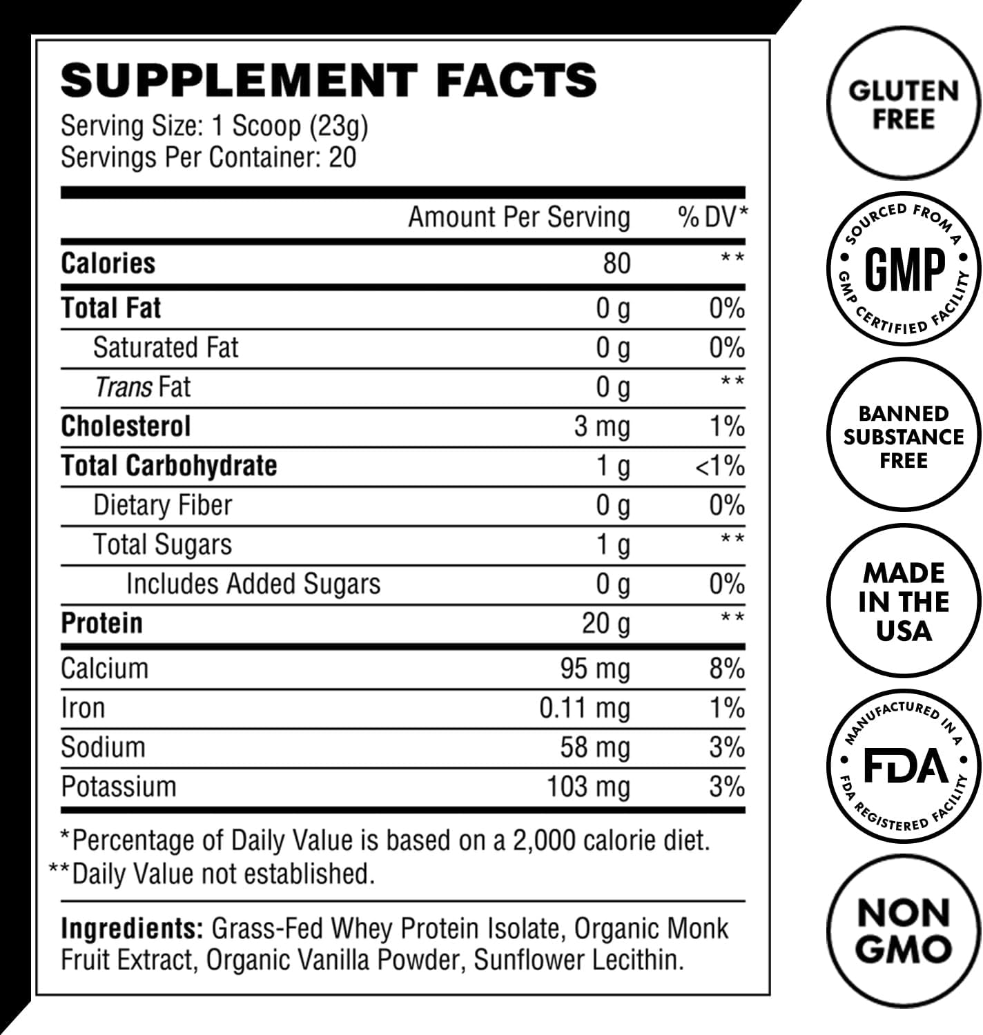 Premium Grass-Fed Whey Protein Isolate Powder with Organic Vanilla Flavor - 5 All-Natural Ingredients, No Fillers (460g)