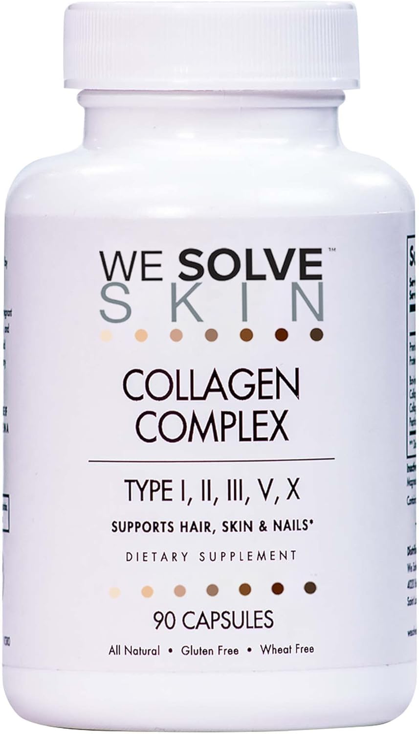 Premium Multi Collagen Capsules for Healthy Hair, Skin, Nails, Bones | WESOLVESKIN Pure Hydrolyzed Collagen Peptides with Type I, II, III, V, X | Gluten-Free (90 Capsules)