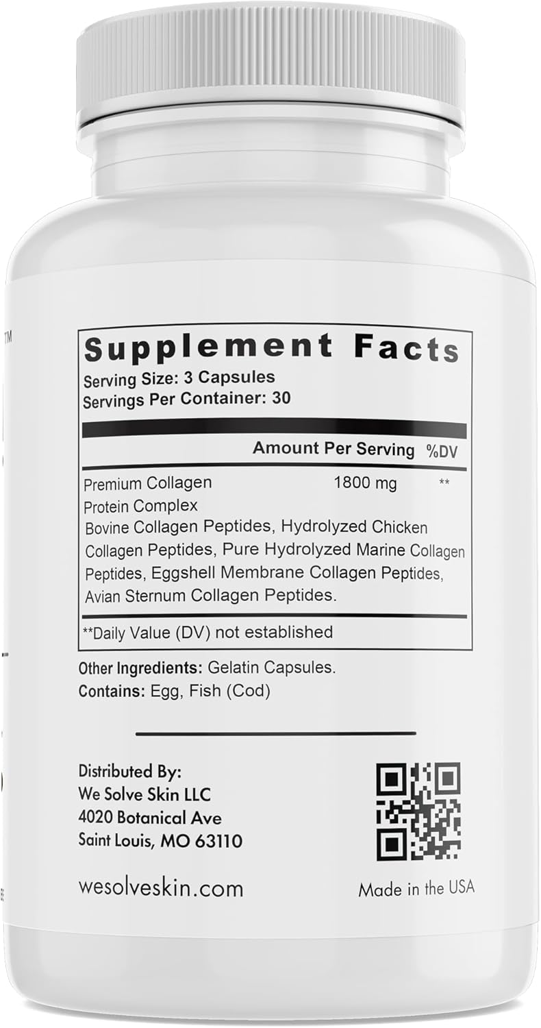 Premium Multi Collagen Capsules for Healthy Hair, Skin, Nails, Bones | WESOLVESKIN Pure Hydrolyzed Collagen Peptides with Type I, II, III, V, X | Gluten-Free (90 Capsules)