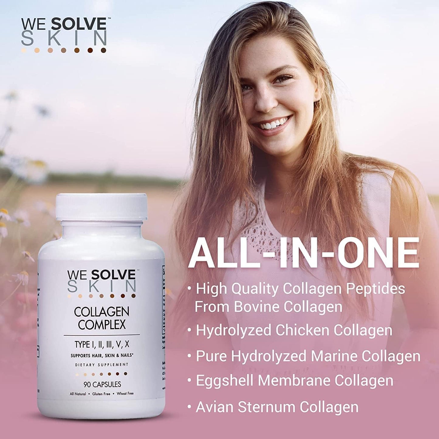 Premium Multi Collagen Capsules for Healthy Hair, Skin, Nails, Bones | WESOLVESKIN Pure Hydrolyzed Collagen Peptides with Type I, II, III, V, X | Gluten-Free (90 Capsules)