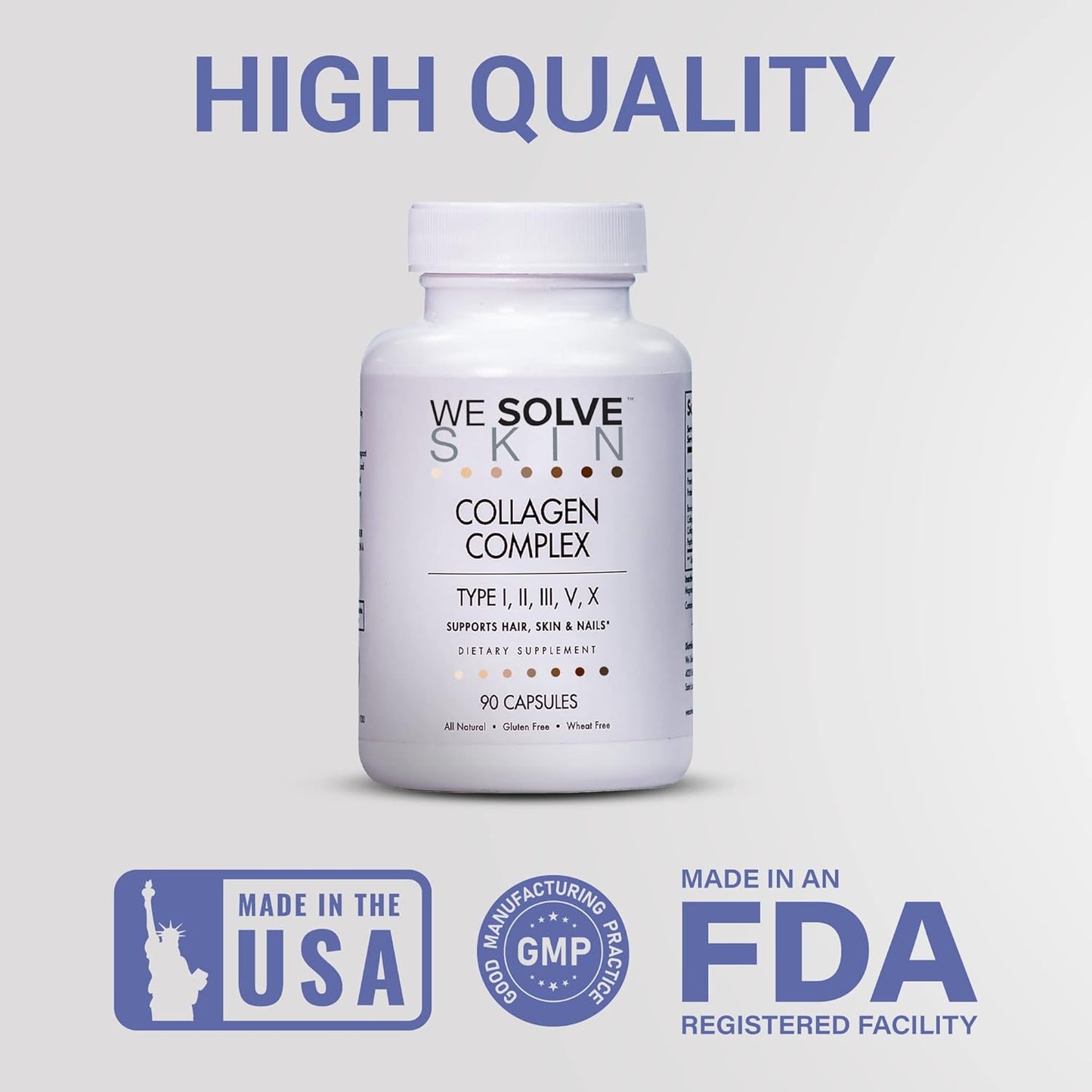 Premium Multi Collagen Capsules for Healthy Hair, Skin, Nails, Bones | WESOLVESKIN Pure Hydrolyzed Collagen Peptides with Type I, II, III, V, X | Gluten-Free (90 Capsules)