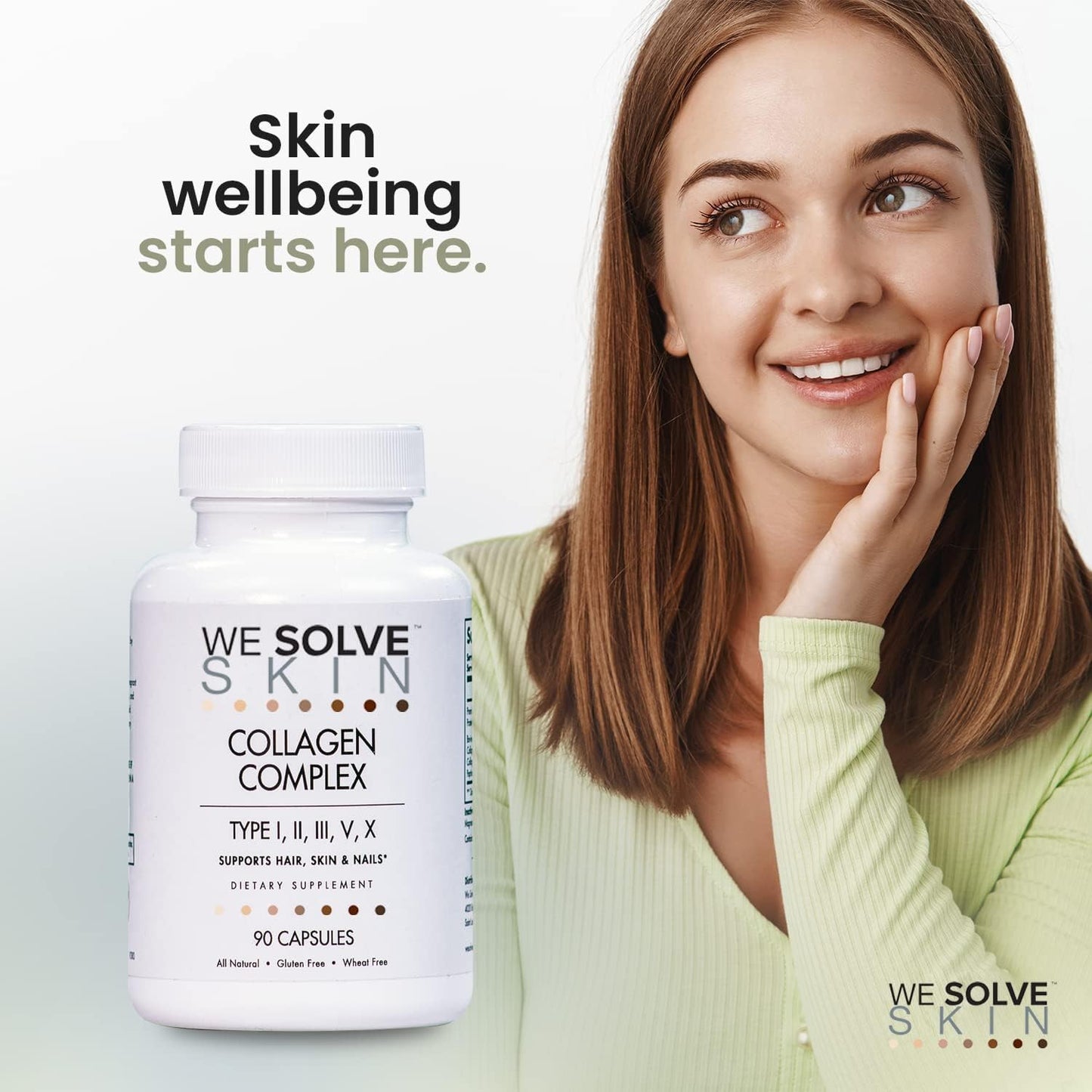 Premium Multi Collagen Capsules for Healthy Hair, Skin, Nails, Bones | WESOLVESKIN Pure Hydrolyzed Collagen Peptides with Type I, II, III, V, X | Gluten-Free (90 Capsules)