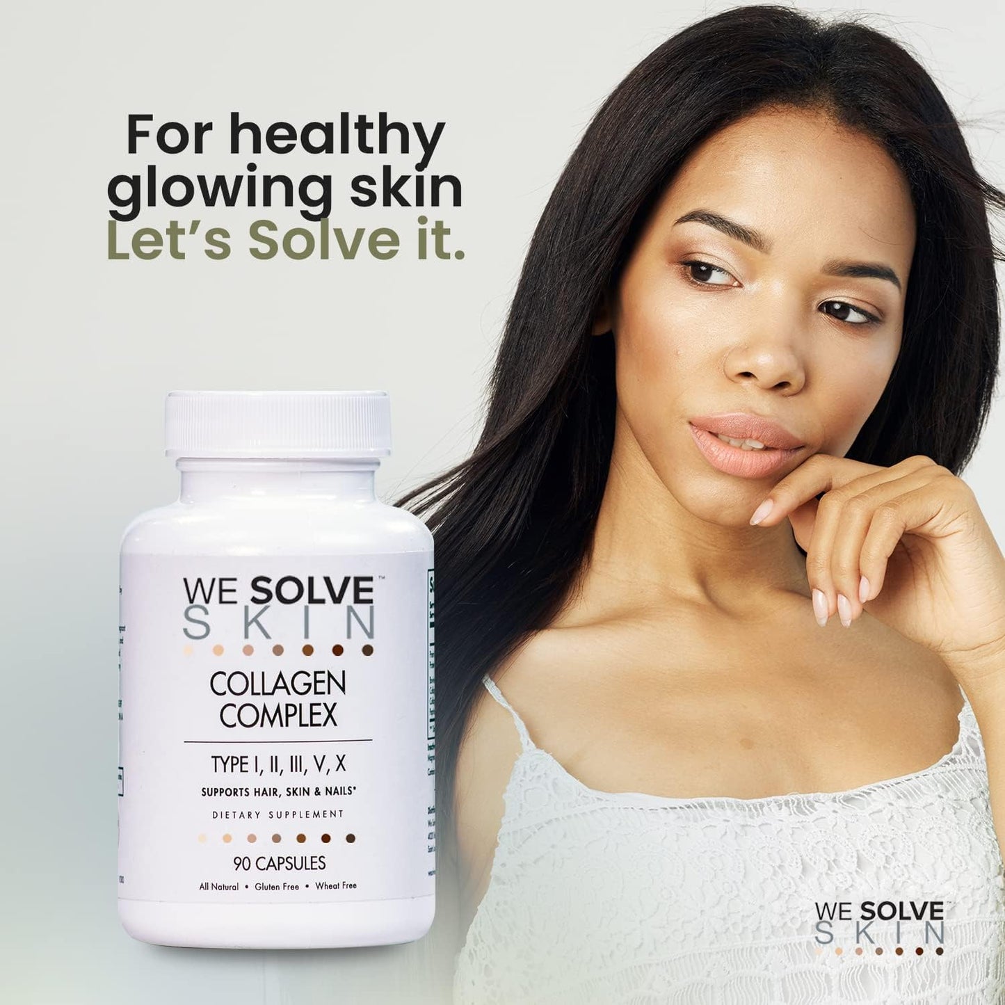 Premium Multi Collagen Capsules for Healthy Hair, Skin, Nails, Bones | WESOLVESKIN Pure Hydrolyzed Collagen Peptides with Type I, II, III, V, X | Gluten-Free (90 Capsules)
