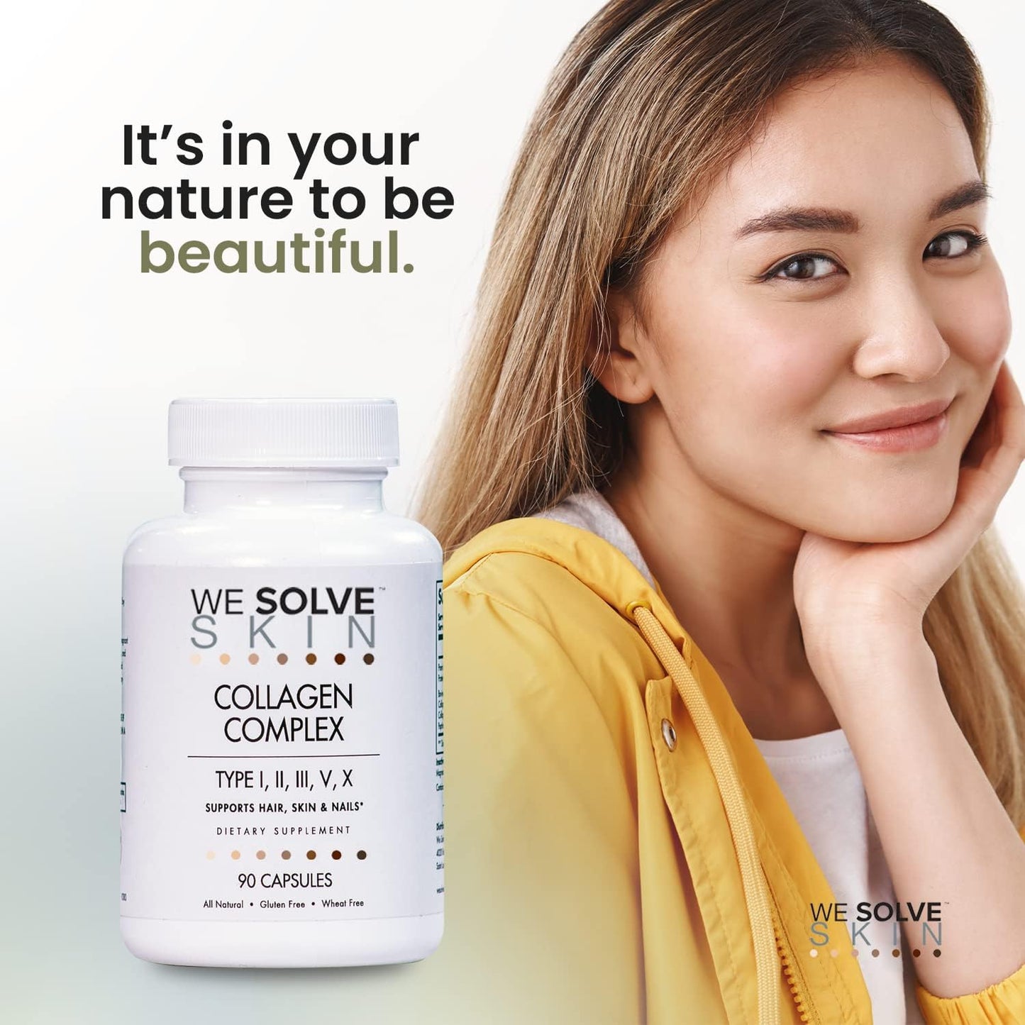 Premium Multi Collagen Capsules for Healthy Hair, Skin, Nails, Bones | WESOLVESKIN Pure Hydrolyzed Collagen Peptides with Type I, II, III, V, X | Gluten-Free (90 Capsules)