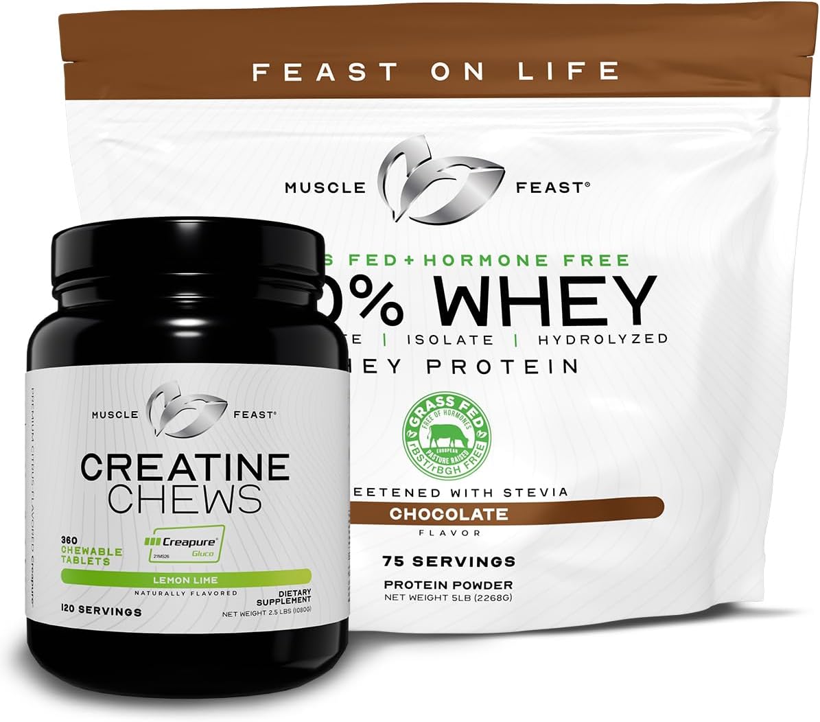 Premium Muscle Feast Chocolate Whey Protein + Lemon Lime Creatine Candy Bundle - 5lb Protein, 360 Creatine - Vegetarian & Gluten-Free