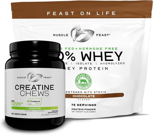 Premium Muscle Feast Chocolate Whey Protein + Lemon Lime Creatine Candy Bundle - 5lb Protein, 360 Creatine - Vegetarian & Gluten-Free
