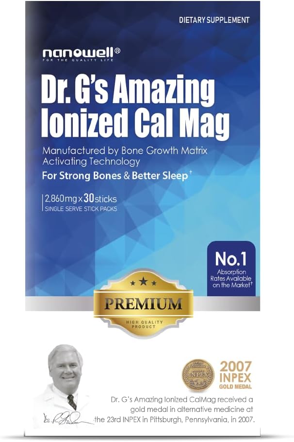Premium NANOWELL Dr. G's Ionized Cal Mag 2,860mg Supplement - Bone Strength & Health - Calcium & Magnesium Powder Stick Packs - 30 Sticks, 30 Count