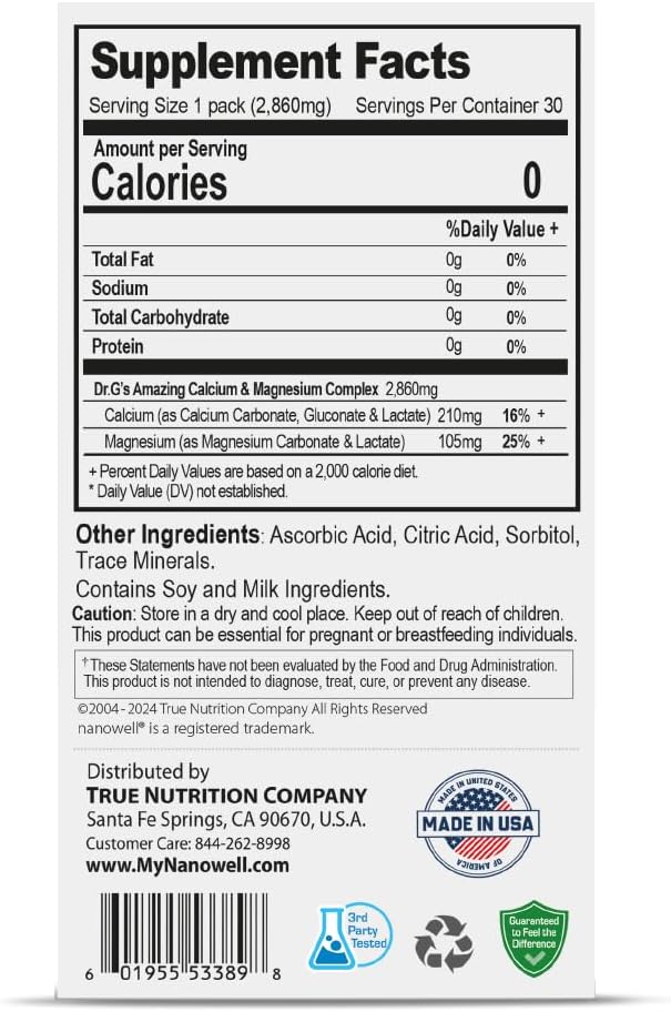 Premium NANOWELL Dr. G's Ionized Cal Mag 2,860mg Supplement - Bone Strength & Health - Calcium & Magnesium Powder Stick Packs - 30 Sticks, 30 Count