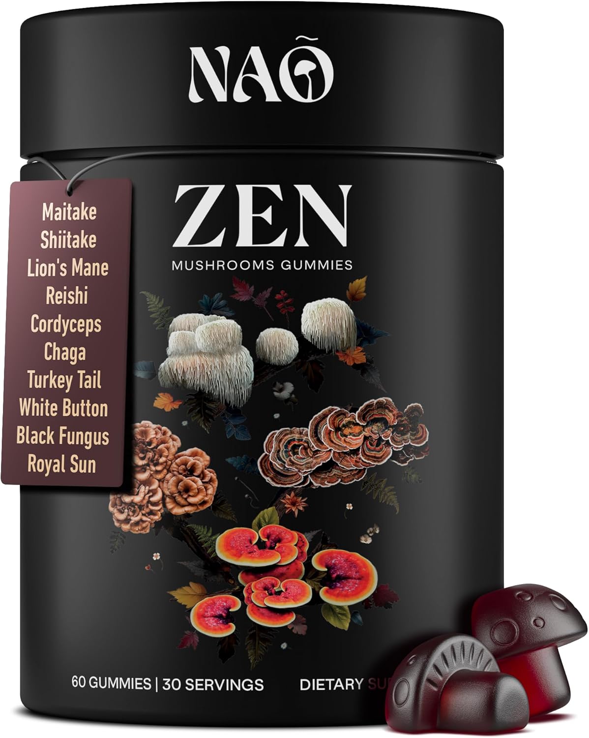 Premium NAO Zen 10-in-1 Mushroom Gummies: Brain, Immune & Energy Support - Reishi, Lion’s Mane, Chaga, Cordyceps, Shiitake, Maitake & Turkey Tail - Non-GMO, Vegan, USA Made