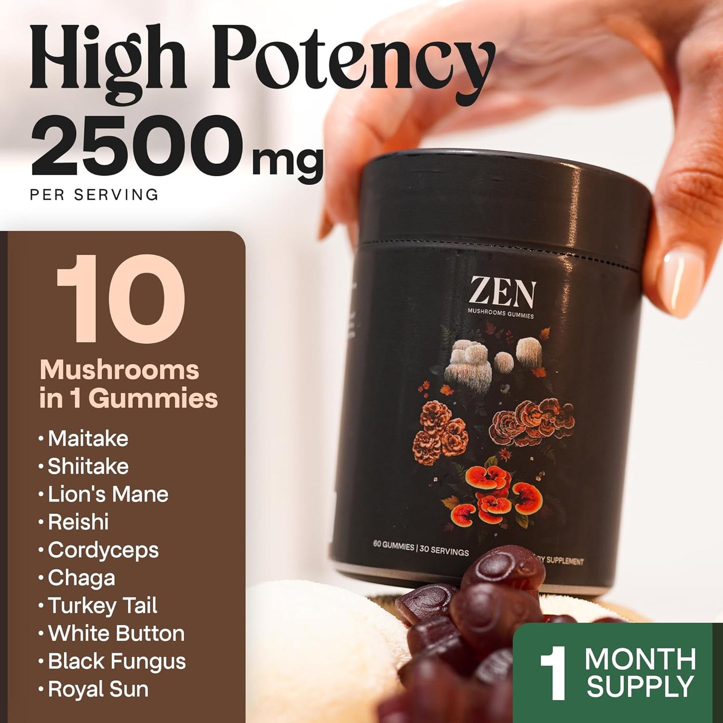 Premium NAO Zen 10-in-1 Mushroom Gummies: Brain, Immune & Energy Support - Reishi, Lion’s Mane, Chaga, Cordyceps, Shiitake, Maitake & Turkey Tail - Non-GMO, Vegan, USA Made