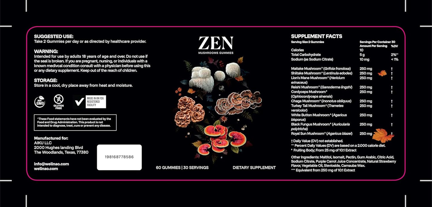 Premium NAO Zen 10-in-1 Mushroom Gummies: Brain, Immune & Energy Support - Reishi, Lion’s Mane, Chaga, Cordyceps, Shiitake, Maitake & Turkey Tail - Non-GMO, Vegan, USA Made