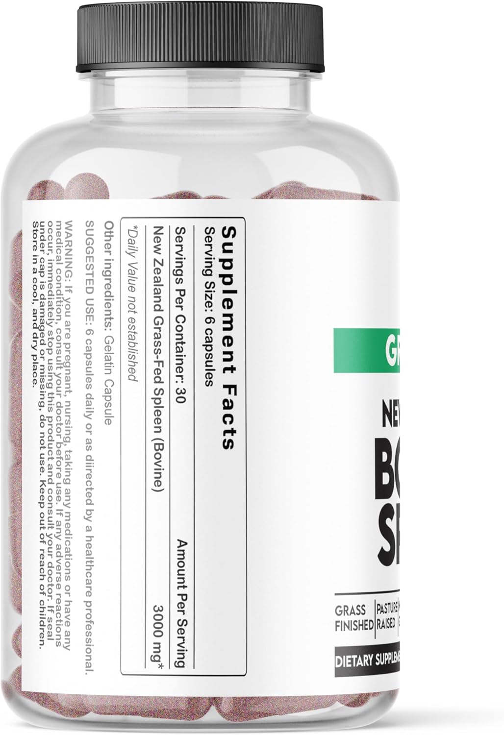 Premium New Zealand Grass Fed Beef Spleen Supplement - 100% Pure Bovine Capsules with Heme-Iron - Non-GMO, Freeze Dried, Raw - 180 Caps