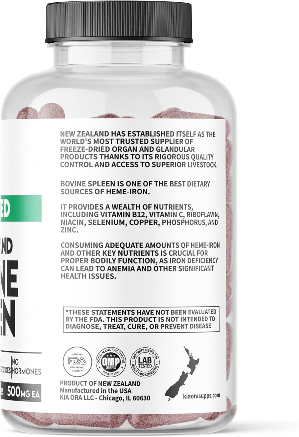 Premium New Zealand Grass Fed Beef Spleen Supplement - 100% Pure Bovine Capsules with Heme-Iron - Non-GMO, Freeze Dried, Raw - 180 Caps