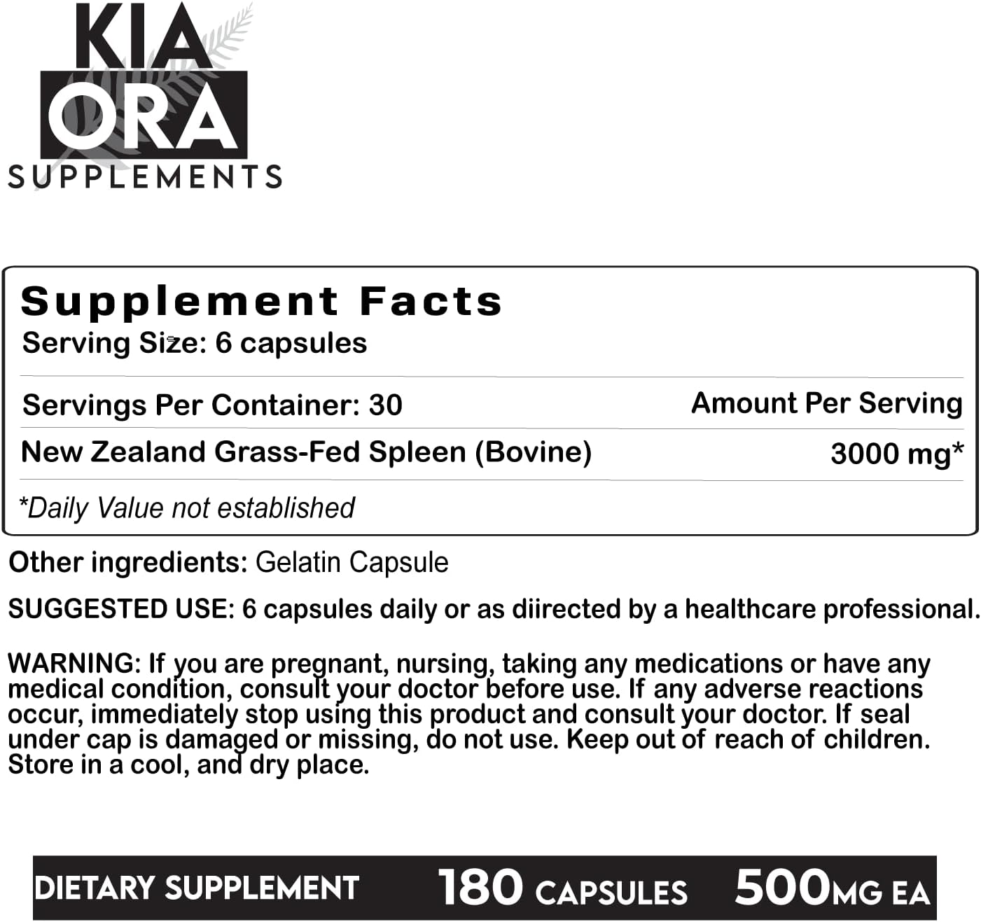 Premium New Zealand Grass Fed Beef Spleen Supplement - 100% Pure Bovine Capsules with Heme-Iron - Non-GMO, Freeze Dried, Raw - 180 Caps