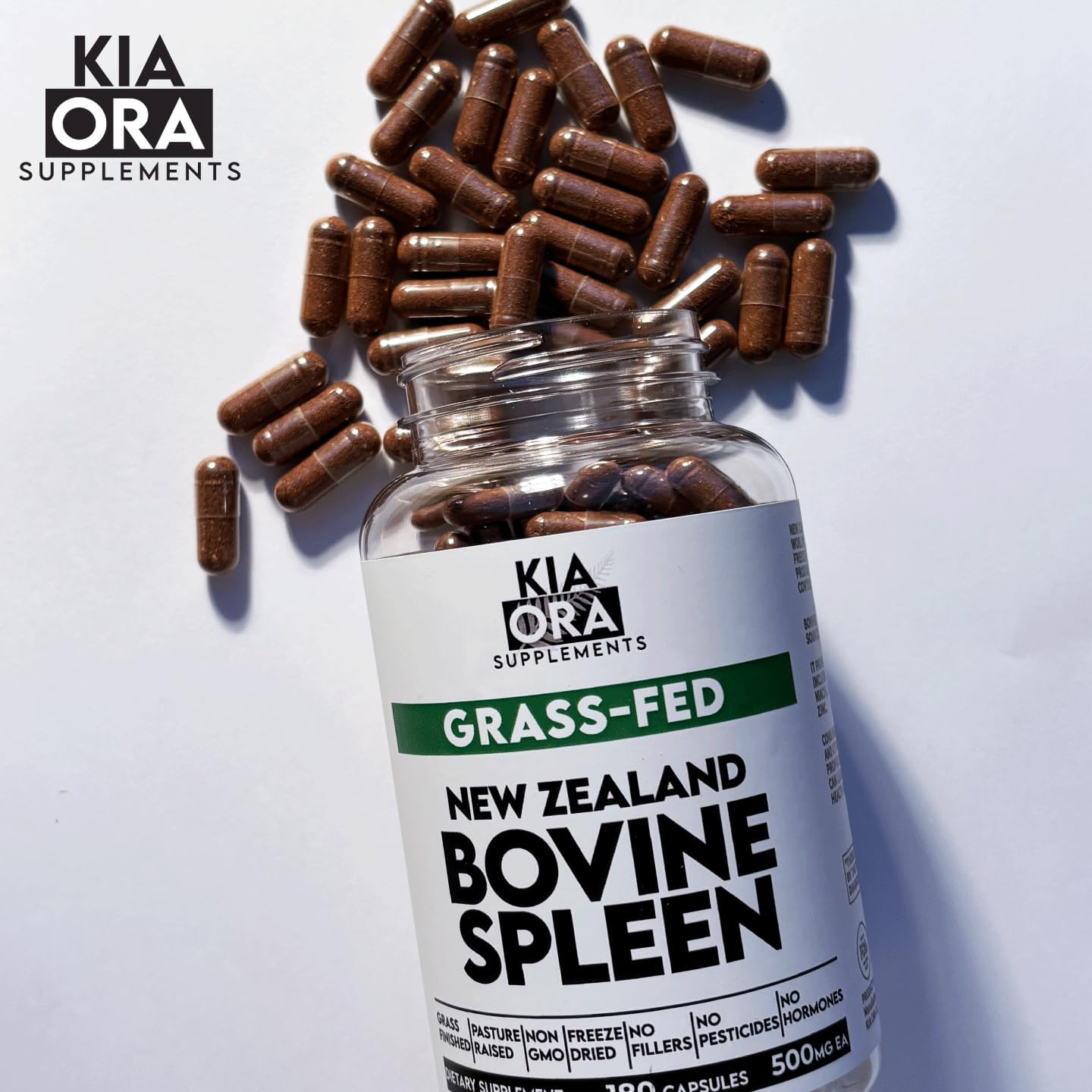 Premium New Zealand Grass Fed Beef Spleen Supplement - 100% Pure Bovine Capsules with Heme-Iron - Non-GMO, Freeze Dried, Raw - 180 Caps