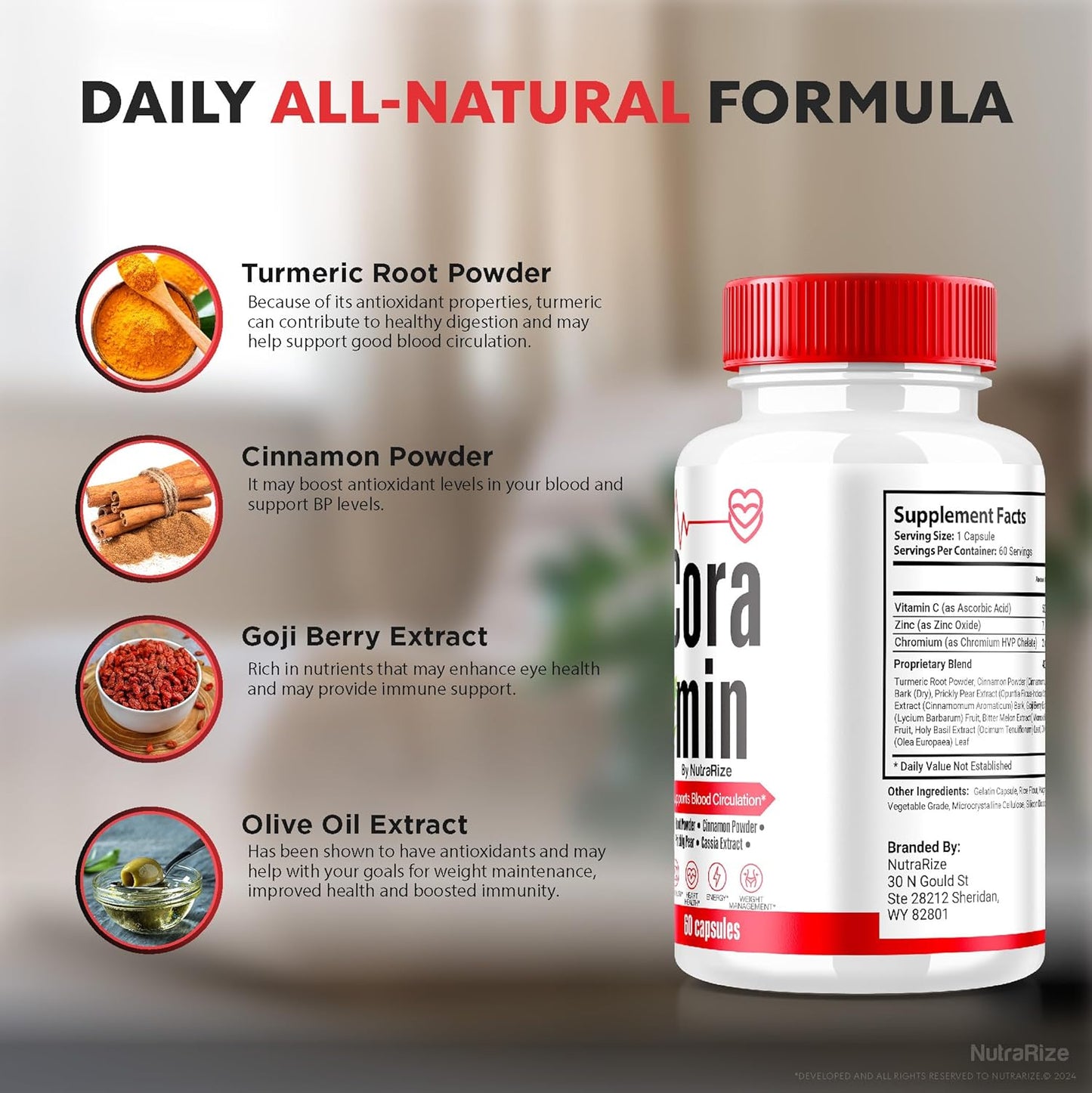 Premium NutraRize Coramin Capsules - All-Natural Maximum Strength Supplement for Healthy Blood Flow - 60 Capsules