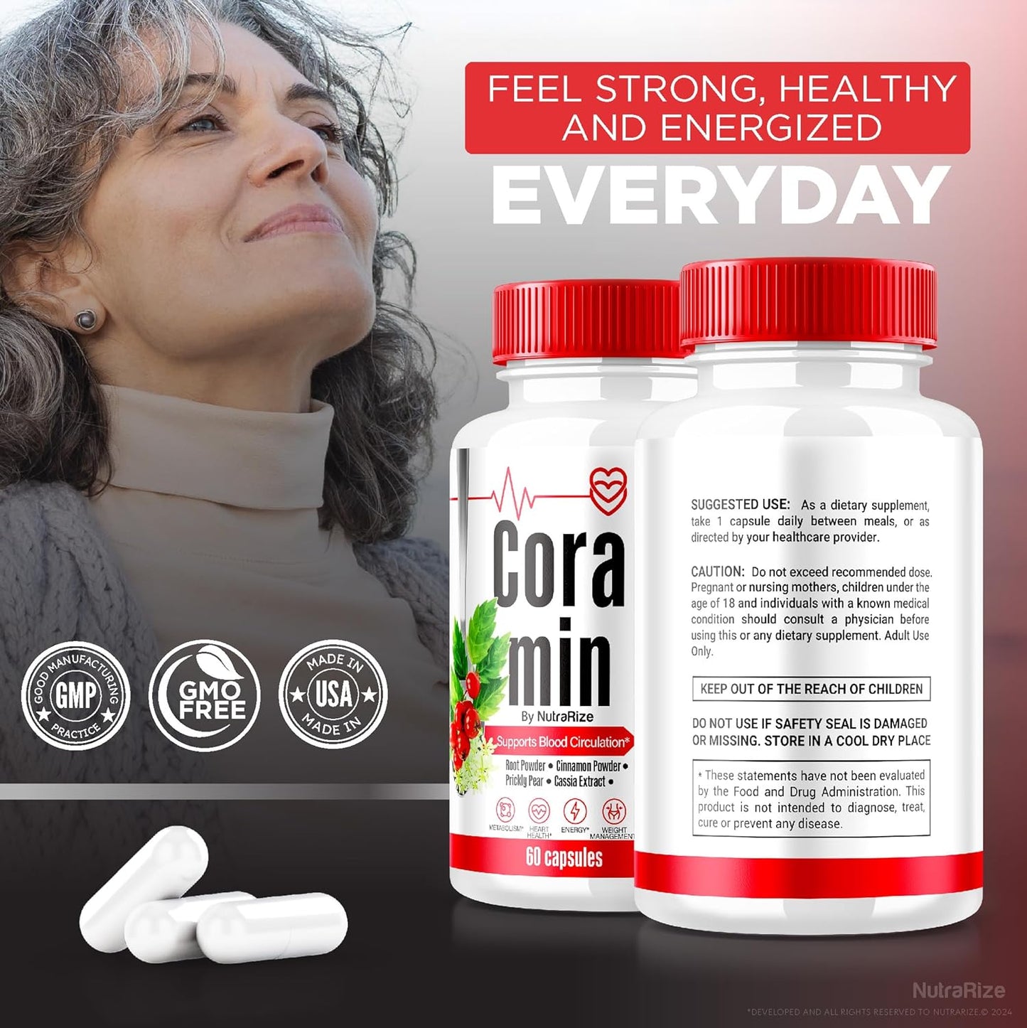 Premium NutraRize Coramin Capsules - All-Natural Maximum Strength Supplement for Healthy Blood Flow - 60 Capsules