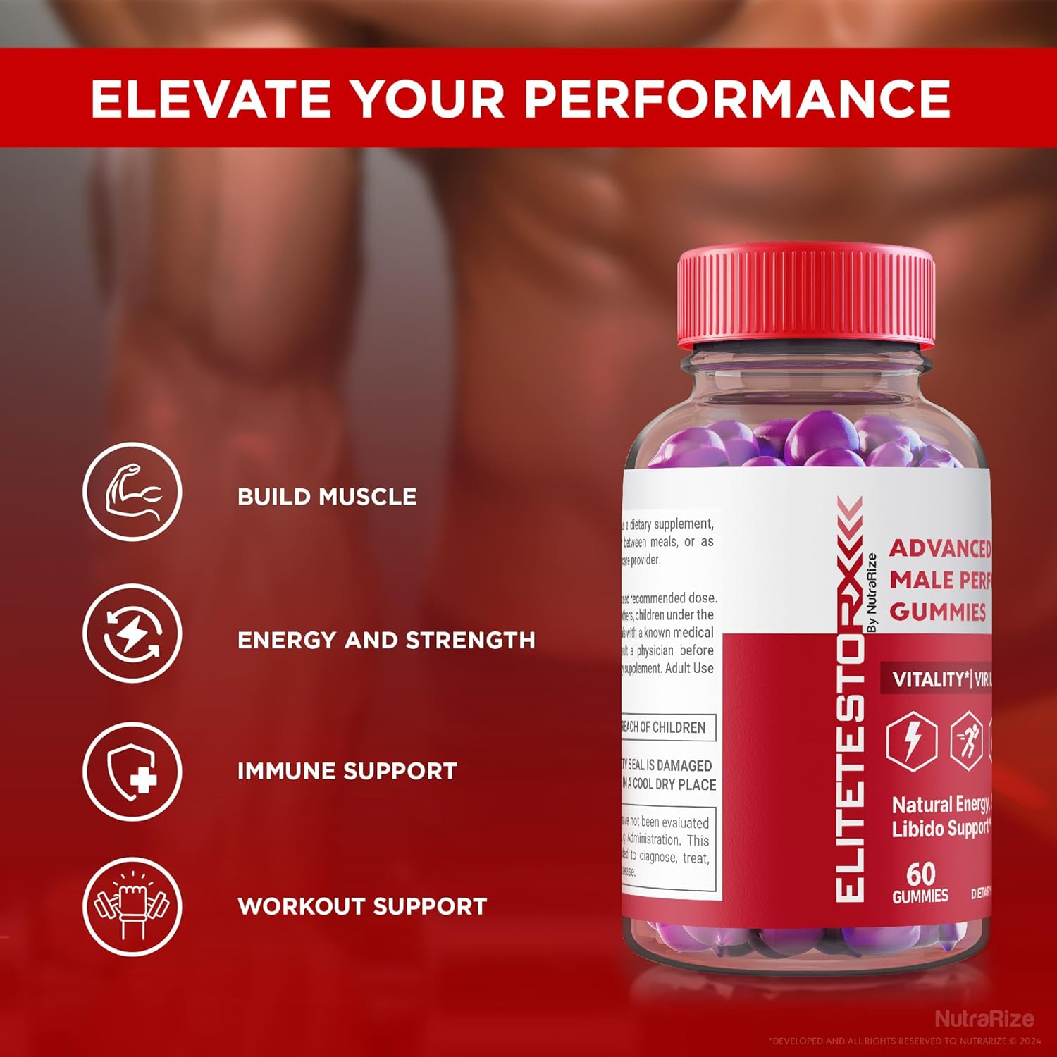 Premium NutraRize Elite Testo Rx Gummies (5 Pack) for Men's Health - All Natural Male Formula Supplement with 300 Gummies