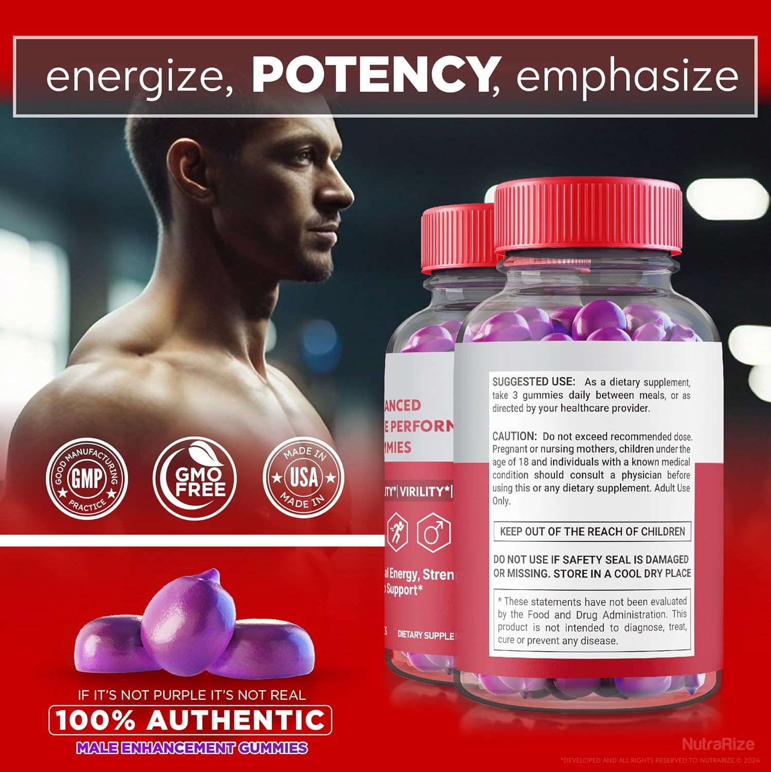 Premium NutraRize Elite Testo Rx Gummies (5 Pack) for Men's Health - All Natural Male Formula Supplement with 300 Gummies