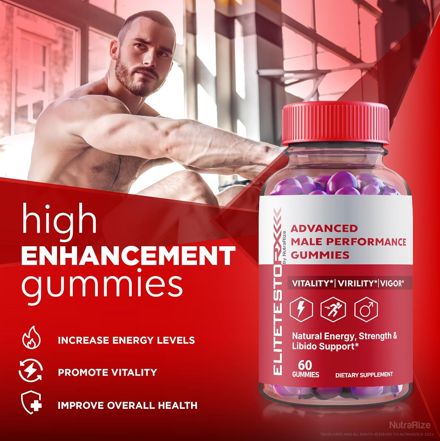 Premium NutraRize Elite Testo Rx Gummies (5 Pack) for Men's Health - All Natural Male Formula Supplement with 300 Gummies