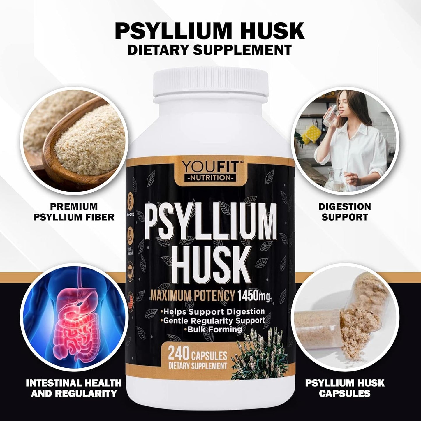 Premium Psyllium Husk Capsules for Intestinal Health - 100% Natural Soluble Fiber Supplement - 1450mg Per Serving - 240 Capsules