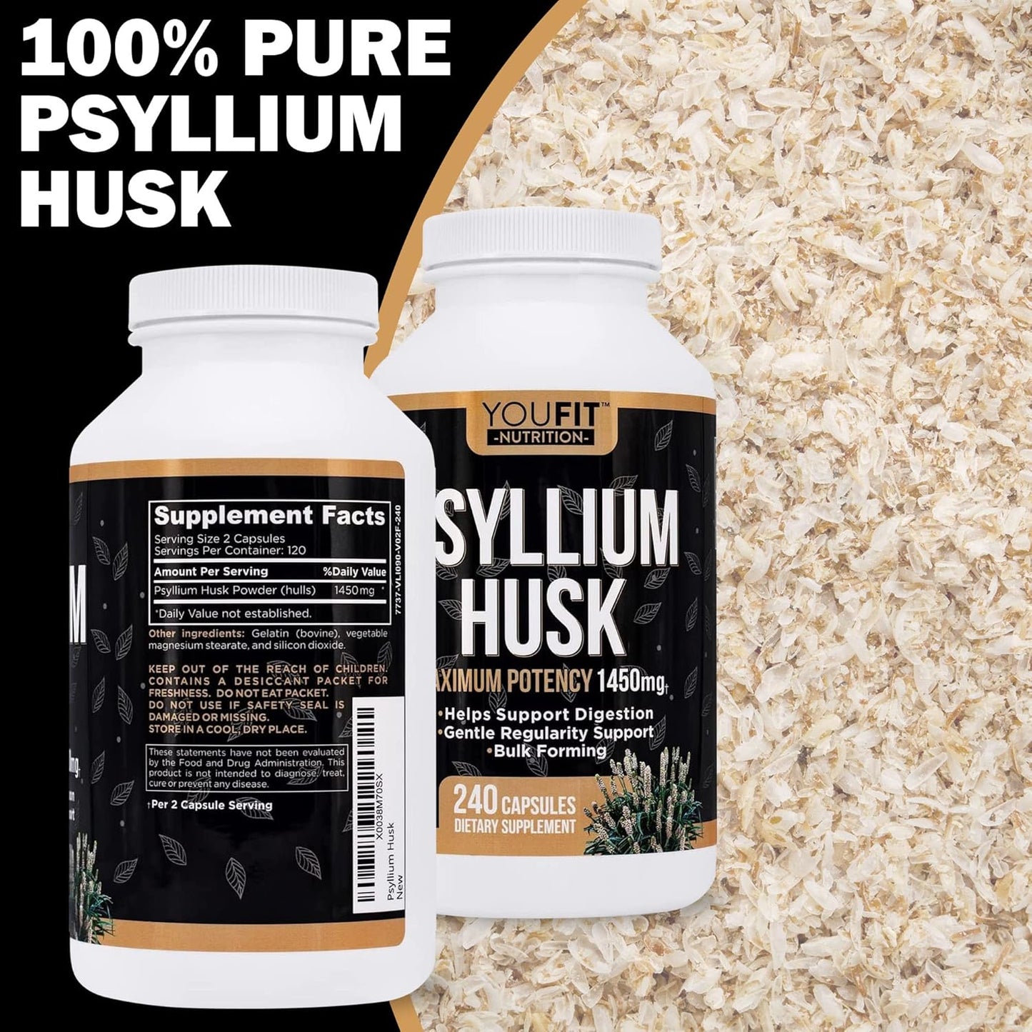 Premium Psyllium Husk Capsules for Intestinal Health - 100% Natural Soluble Fiber Supplement - 1450mg Per Serving - 240 Capsules