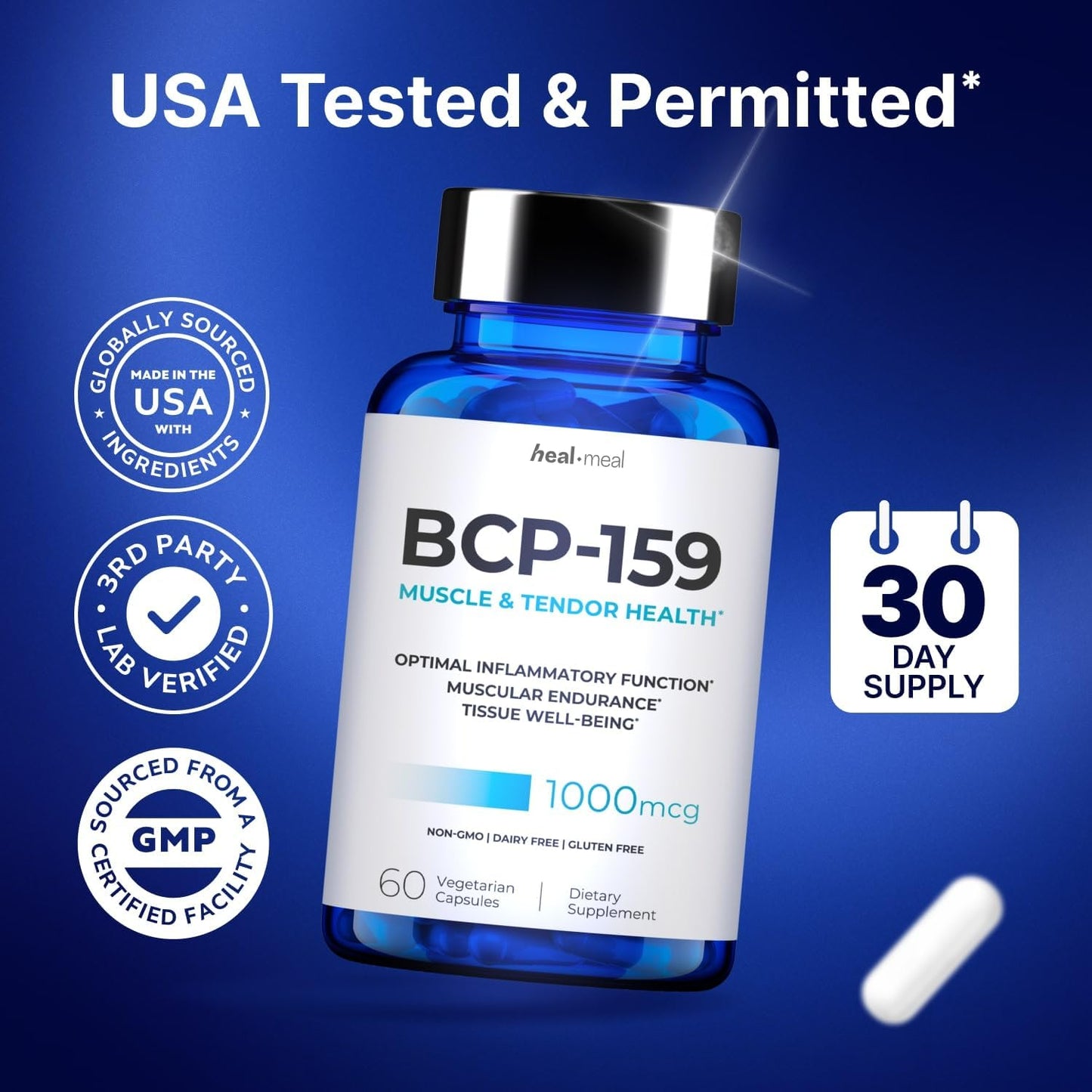 Premium Quality HealMeal BCP-159 Capsules for Muscle Recovery & Post Workout Support - High Potency Formula Made in USA | 60 Capsules, 1000 mcg