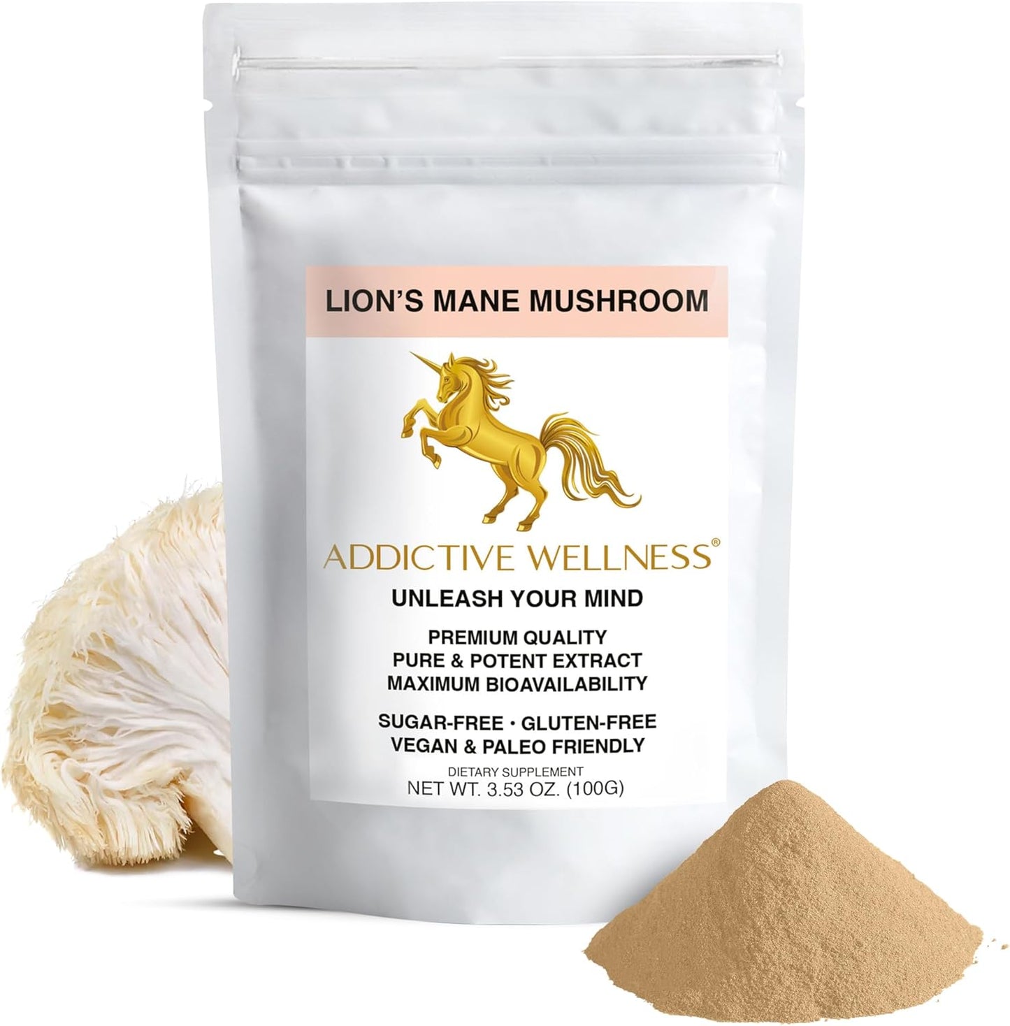 Premium Quality Lions Mane Mushroom Powder Dual-Extract Nootropic Supplement - 1500 mg (100 Grams) | Sugar Free, Vegan & Paleo
