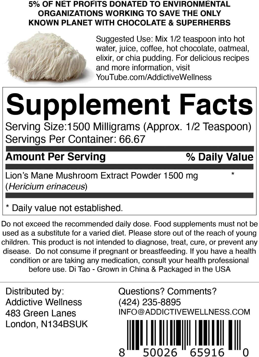Premium Quality Lions Mane Mushroom Powder Dual-Extract Nootropic Supplement - 1500 mg (100 Grams) | Sugar Free, Vegan & Paleo