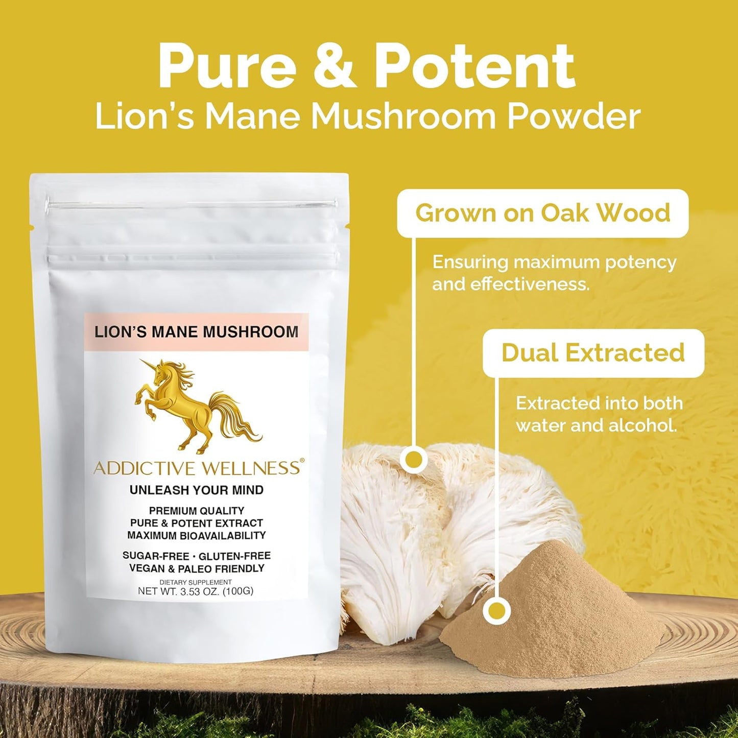 Premium Quality Lions Mane Mushroom Powder Dual-Extract Nootropic Supplement - 1500 mg (100 Grams) | Sugar Free, Vegan & Paleo