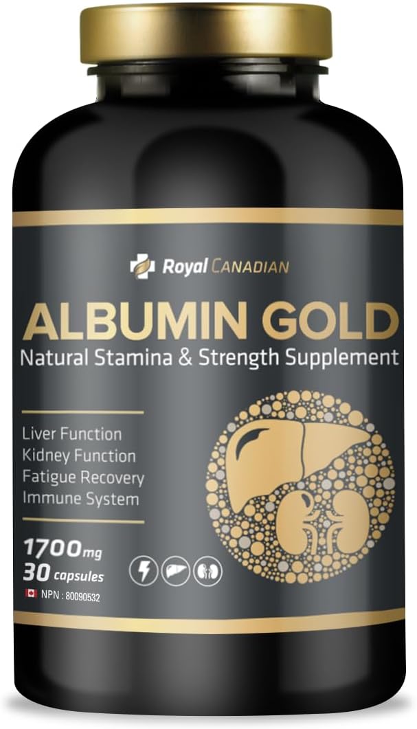 Premium ROYAL CANADIAN Albumin Gold Capsules for Liver & Kidney Health, Fatigue Recovery, Immune Support - 30 Capsules