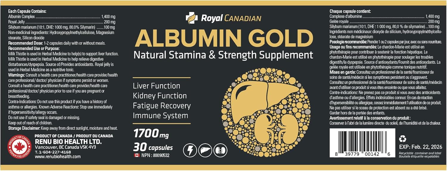 Premium ROYAL CANADIAN Albumin Gold Capsules for Liver & Kidney Health, Fatigue Recovery, Immune Support - 30 Capsules