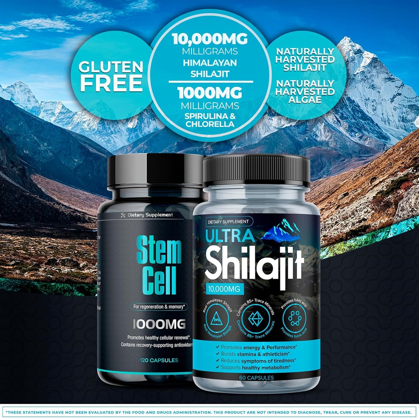 Premium Stem Cell & Shilajit Supplement Vitality Booster Pack - Immunity & Energy Support - Natural Antiaging & Longevity Formula - Spirulina, Chlorella, Mineral Extracts - 120 Capsules