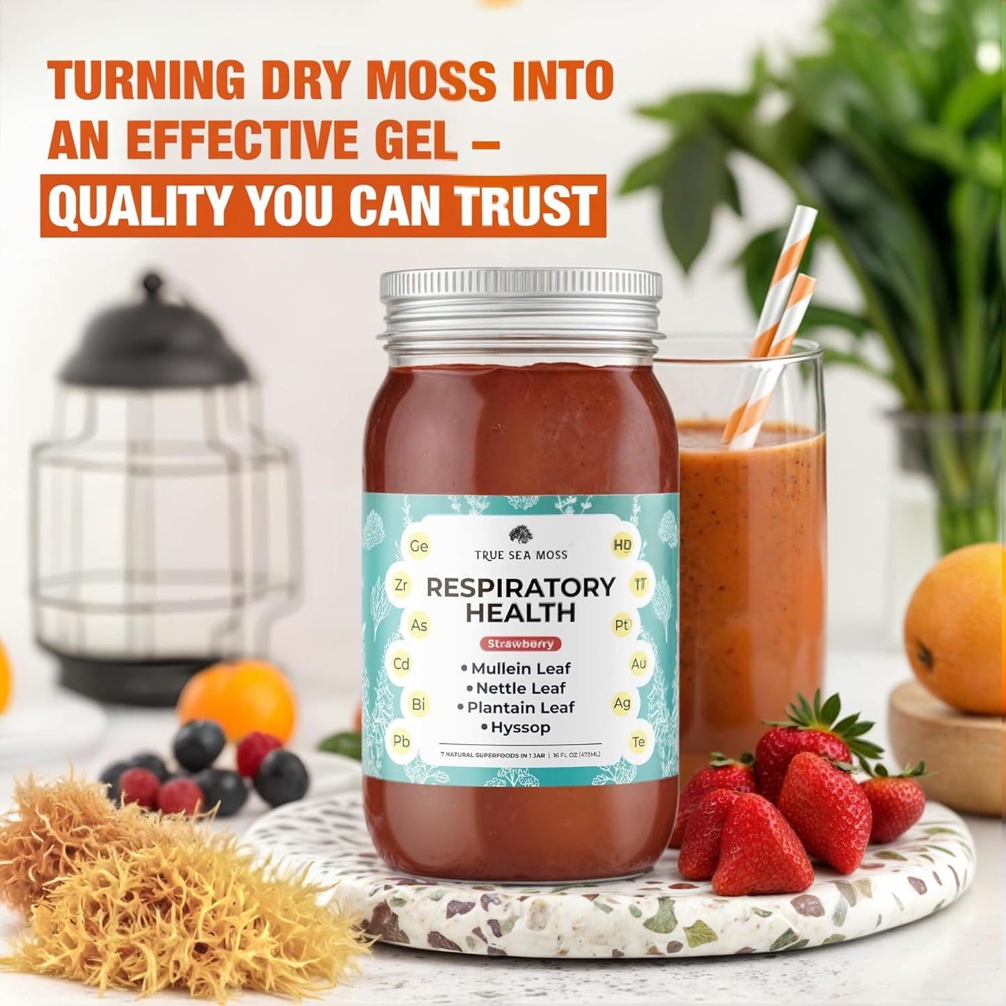 Premium TrueSeaMoss Gel for Respiratory Health - 5+ Fruit Flavors - Vegan Vitamin & Mineral Rich Supplement - Made in USA - Strawberry - 1 Pack