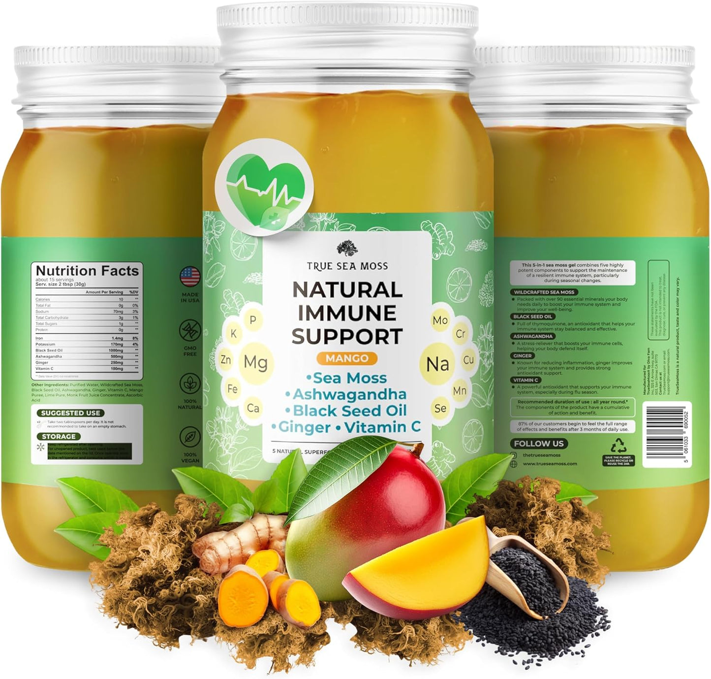Premium TrueSeaMoss Gel with Immune Support and 5+ Fruit Flavors - Vegan-Friendly Vitamin Supplement with Sea Moss, Potassium, and Rich Minerals - Made in USA - Mango Flavor - 1 Pack