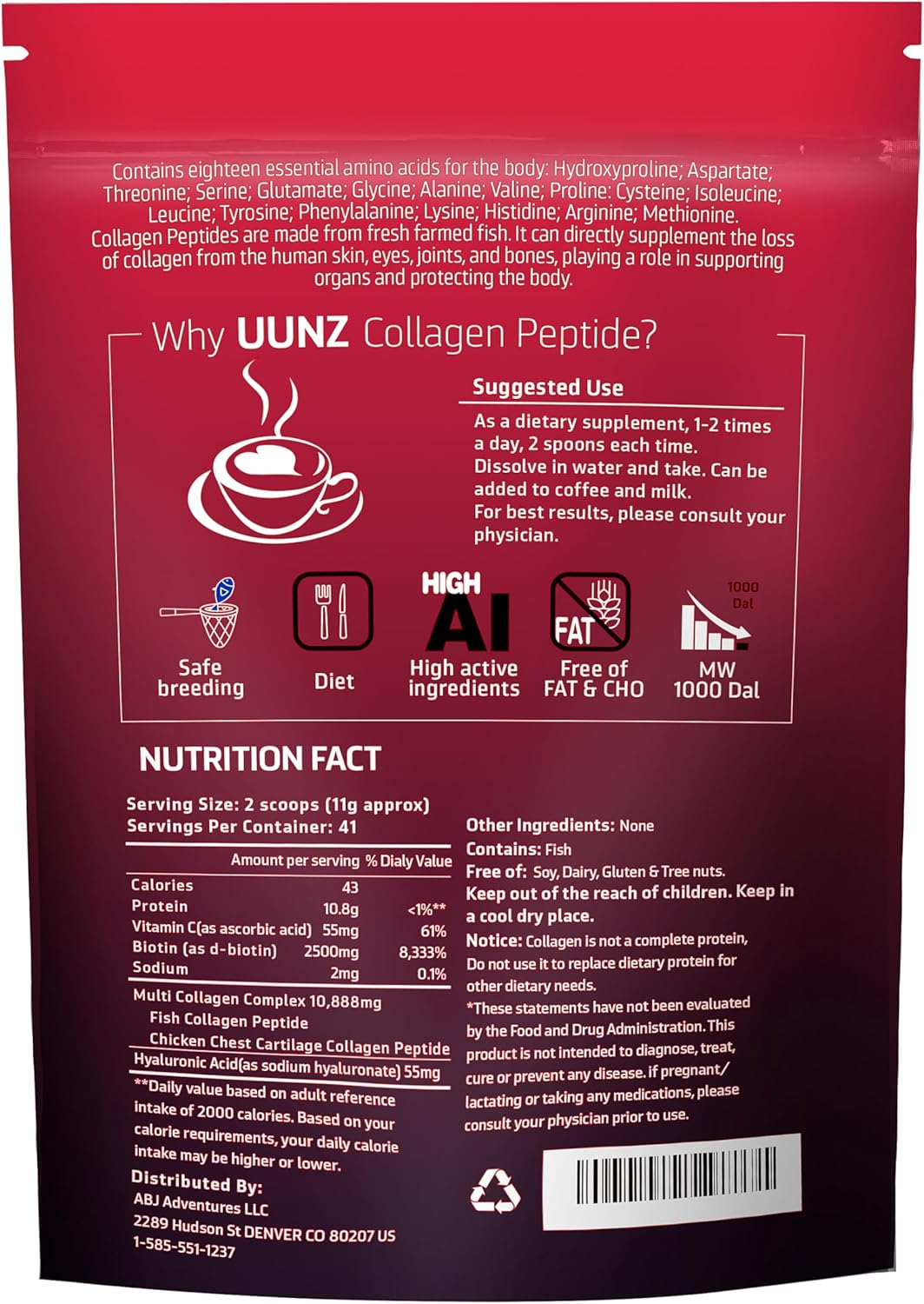 Premium Unflavored Multi Collagen Protein Powder with Biotin, Hyaluronic Acid, Vitamin C - Type I, II, III, V, X - 1lb