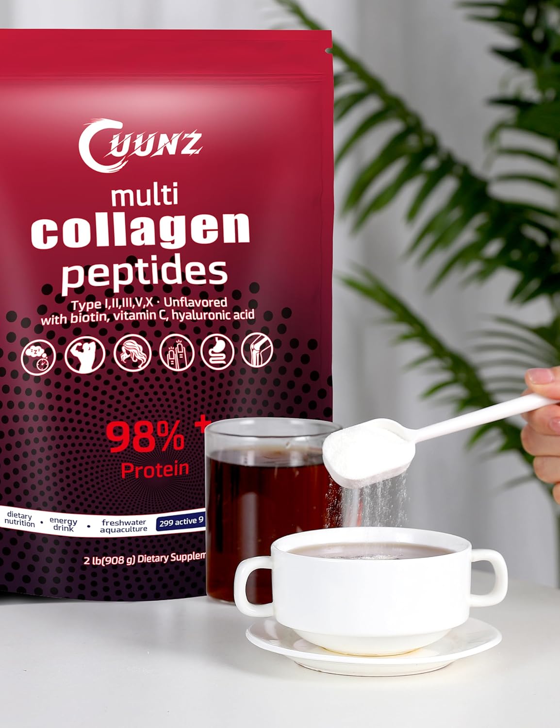 Premium Unflavored Multi Collagen Protein Powder with Biotin, Hyaluronic Acid, Vitamin C - Type I, II, III, V, X - 1lb