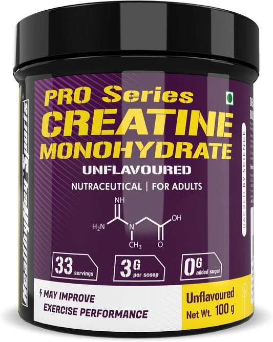 Premium Unflavoured Sports Creatine Monohydrate Powder - 100g, 33 Servings for Muscle Building & Performance
