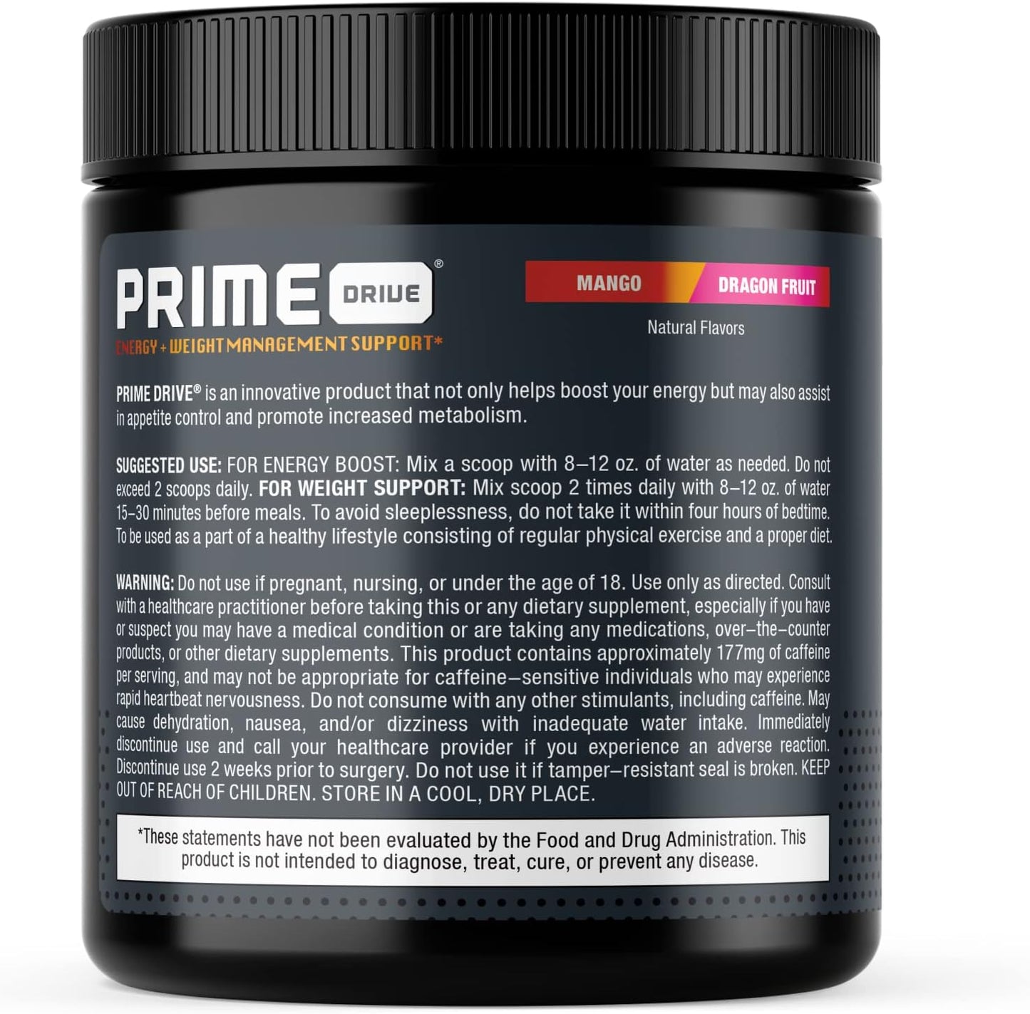 Prime Drive Energy Mango Dragonfruit Pre Workout Powder - Enhances Energy, Focus, Intensity, and Metabolism - 30 Servings