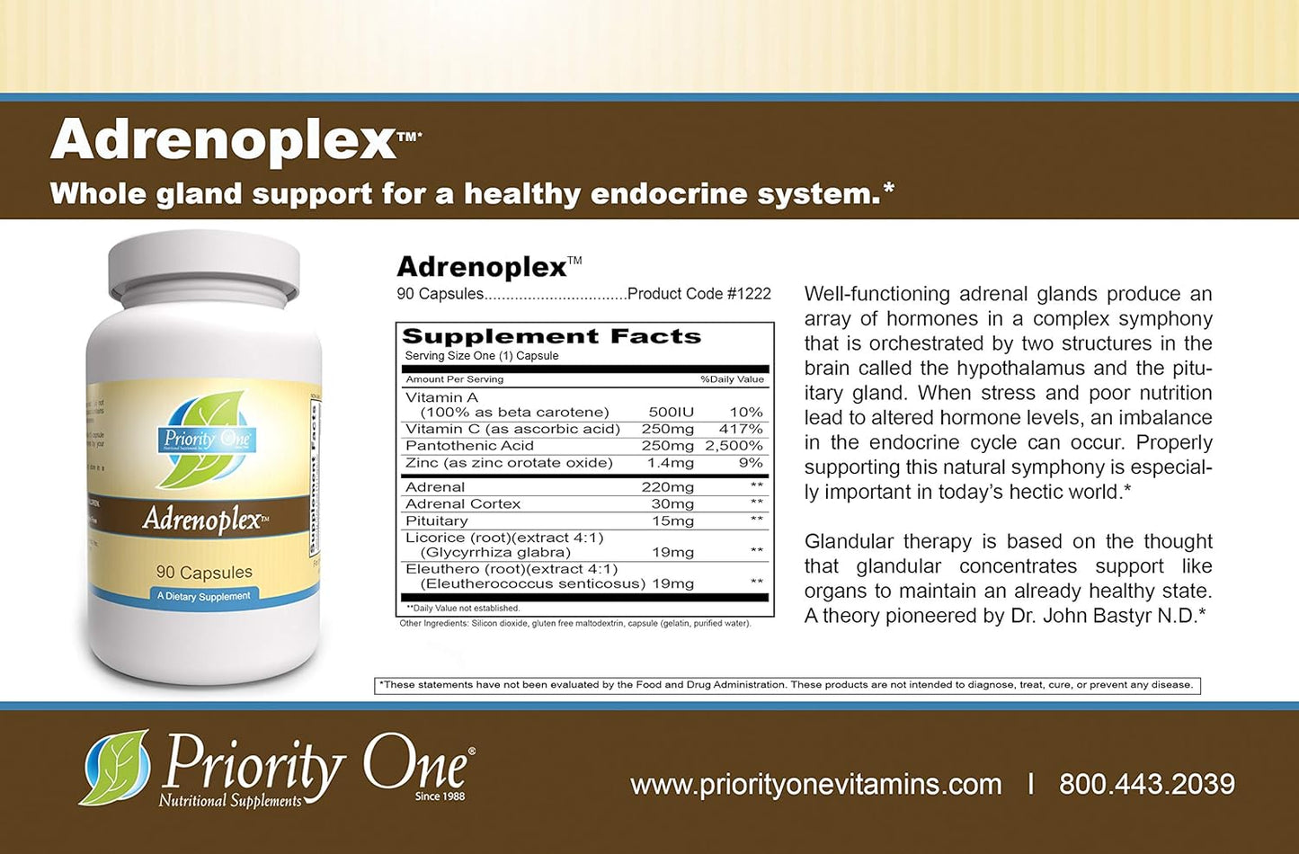 Priority One Vitamins Adrenoplex Capsules - 90 Count for Adrenal Support and Health