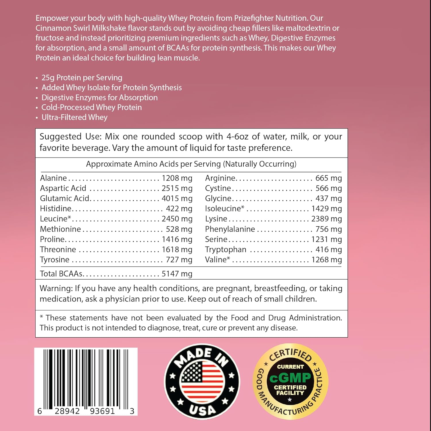 Prizefighter Nutrition Cinnamon Whey Protein Powder (2 lb) for Muscle Gain and Recovery - 25g Protein for Men and Women - Made in USA