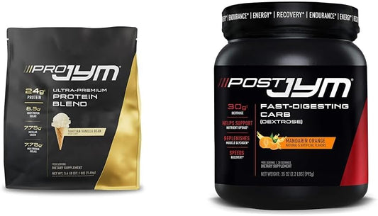 PRO JYM Tahitian Vanilla Bean Protein Powder with Post JYM Fast Carbs in Mandarin Orange - 45 Servings