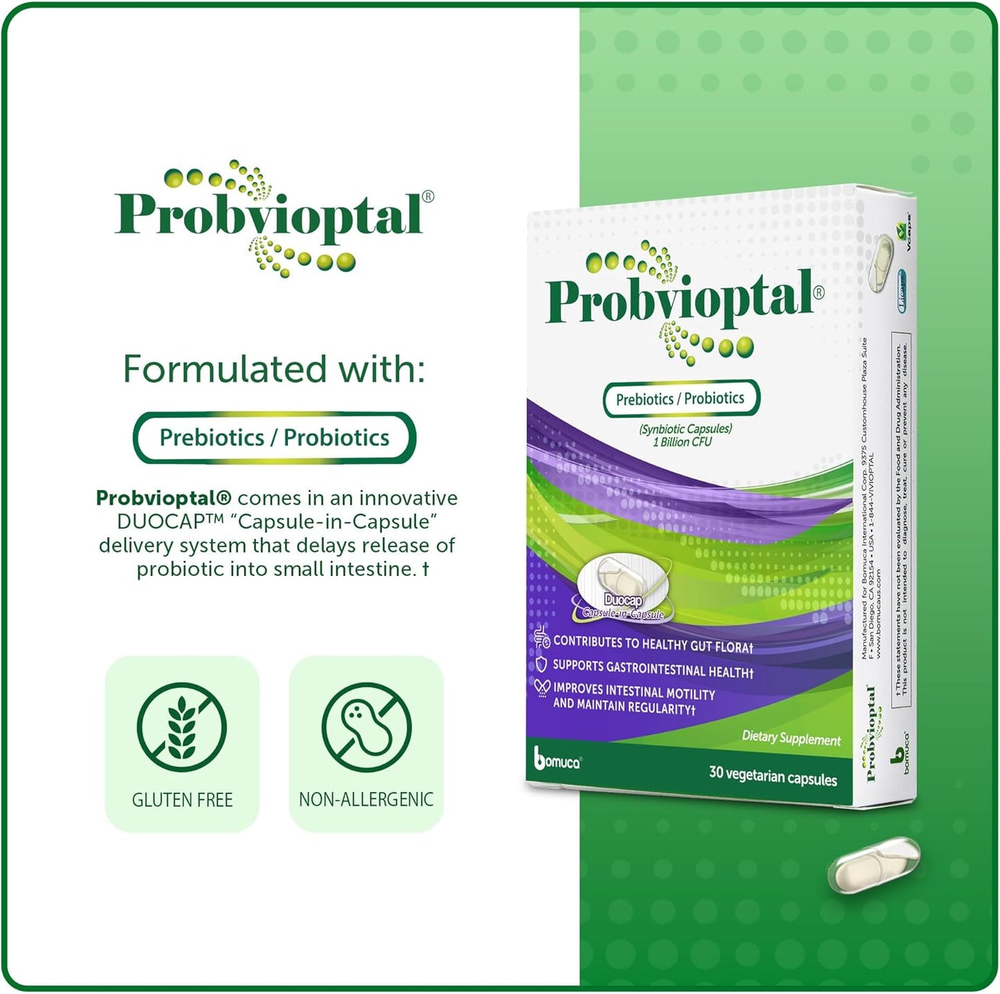 Probvioptal Duocap Probiotics & Prebiotics Vitamins - 30 Capsules, 1 Billion CFU, Gluten Free