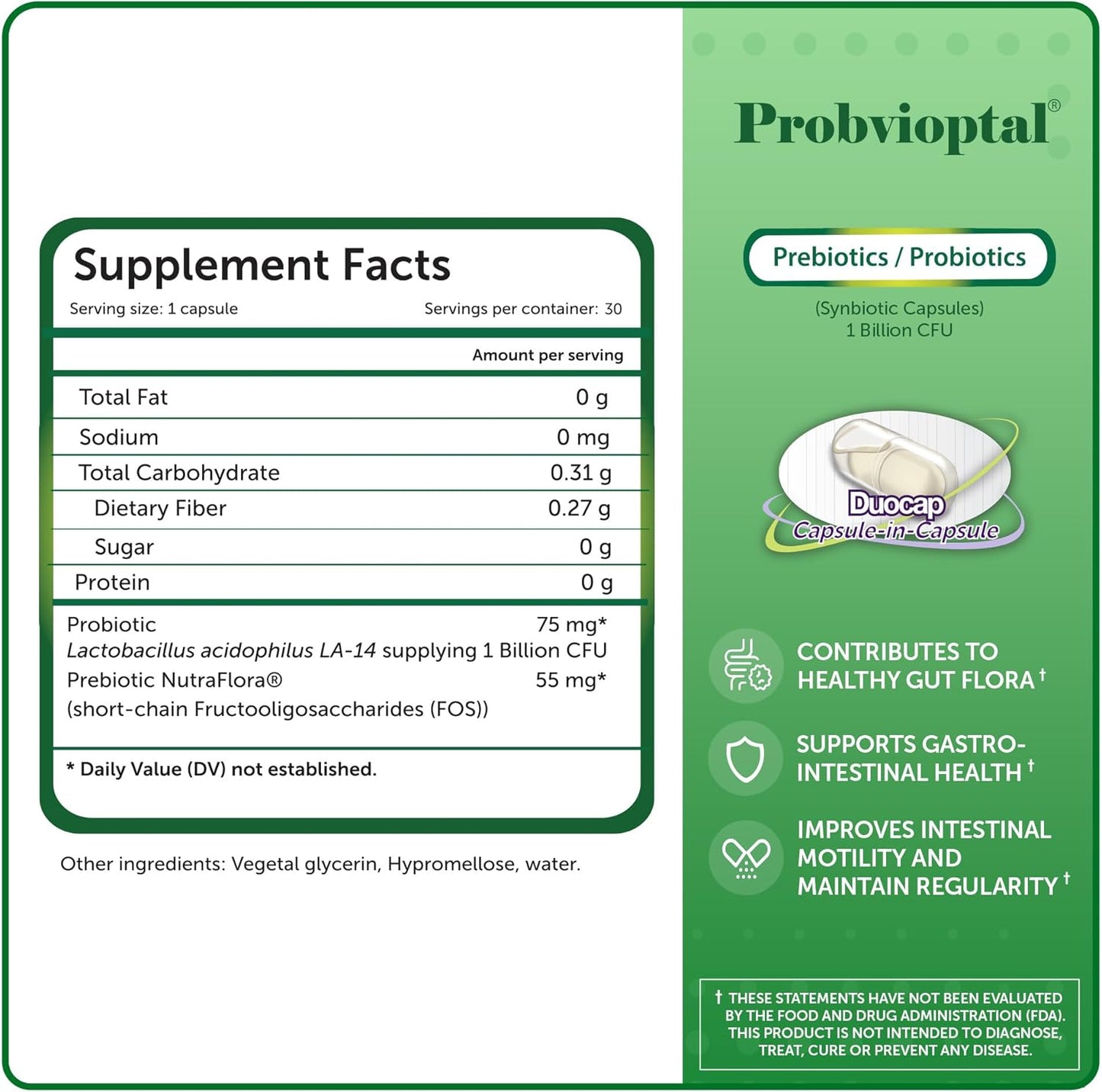 Probvioptal Duocap Probiotics & Prebiotics Vitamins - 30 Capsules, 1 Billion CFU, Gluten Free