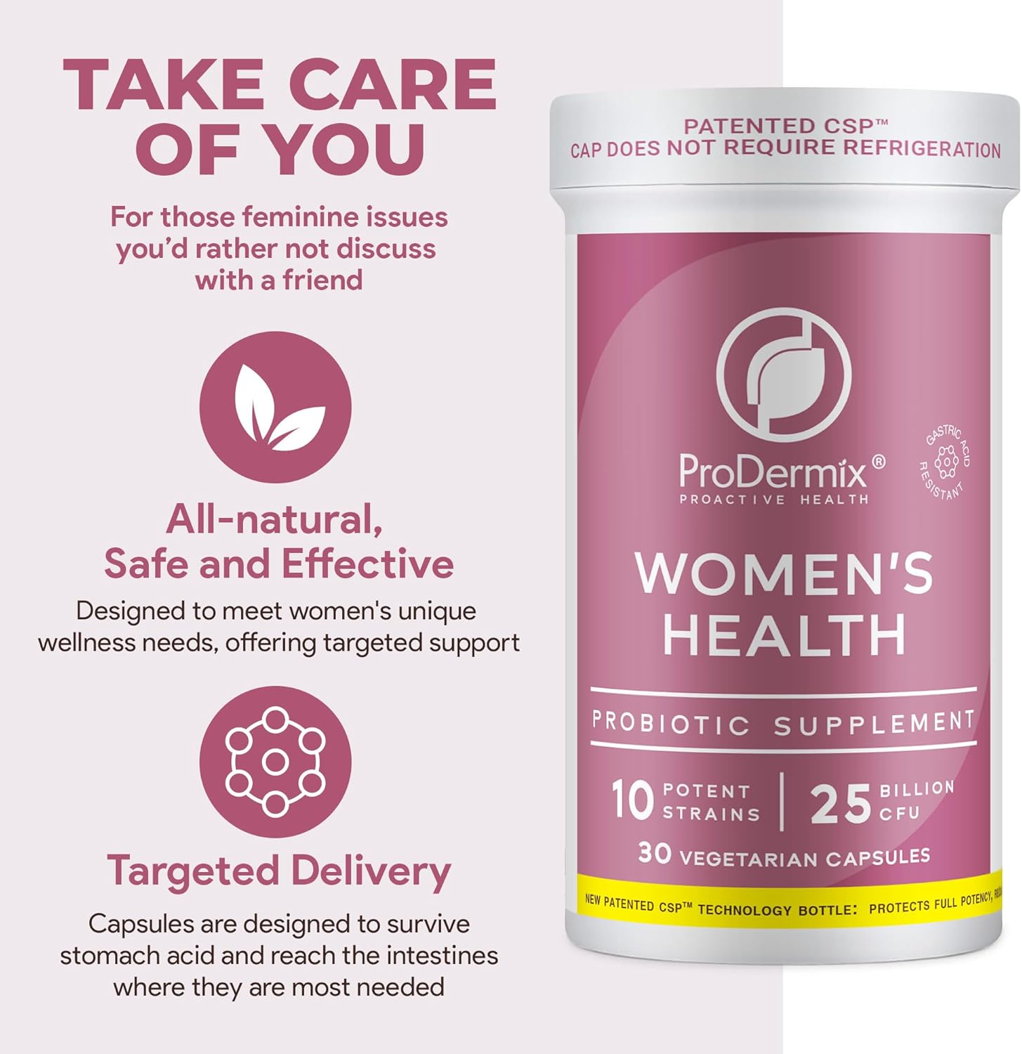 PRODERMIX Vaginal Probiotic for Women - 25 Billion CFU, Promotes PH Balance, UT Health - Once Daily Supplement - Kosher - 30 Capsules