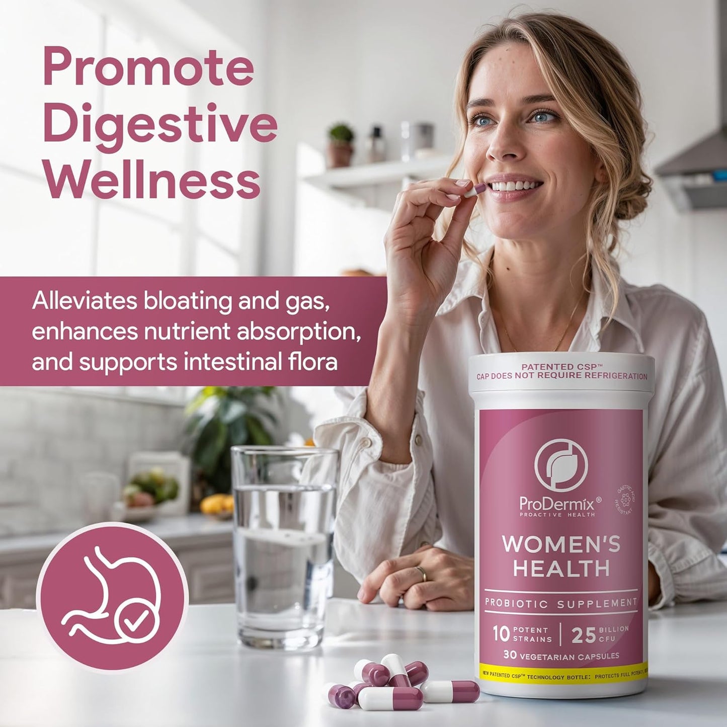 PRODERMIX Vaginal Probiotic for Women - 25 Billion CFU, Promotes PH Balance, UT Health - Once Daily Supplement - Kosher - 30 Capsules