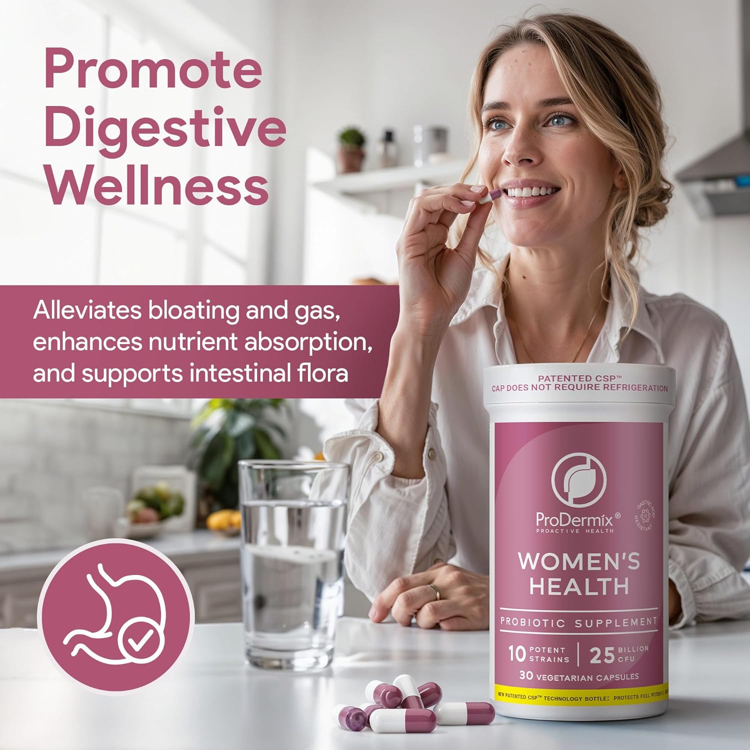 PRODERMIX Vaginal Probiotic for Women - 25 Billion CFU, Promotes PH Balance, UT Health - Once Daily Supplement - Kosher - 30 Capsules